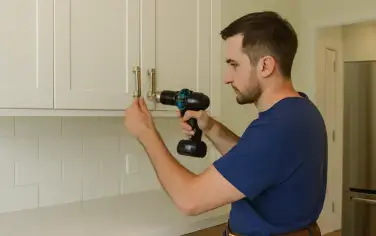 Worker installing cabinet handles with a power drill in a modern kitchen.